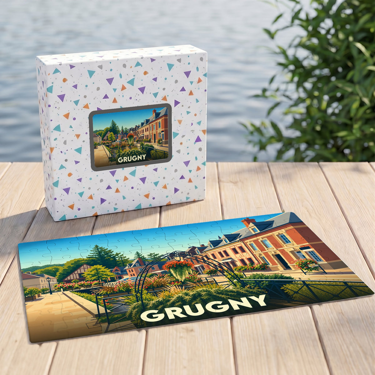Puzzle souvenir de la ville de Grugny avec une illustration stylisée et colorée.