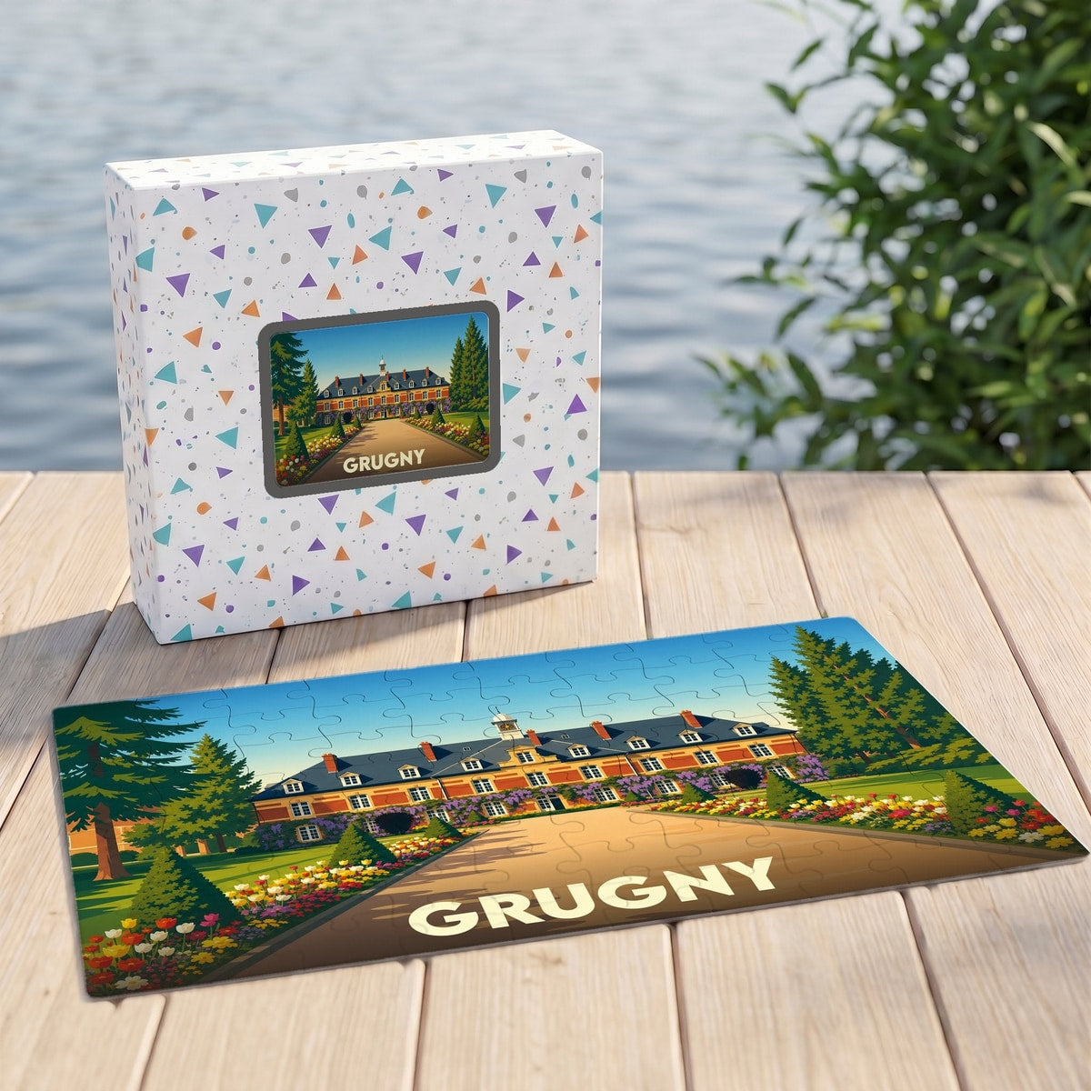 Puzzle souvenir de la ville de Grugny avec une illustration stylisée de son château.