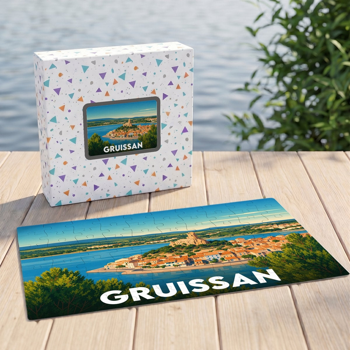 Puzzle souvenir de la ville de Gruissan avec une illustration stylisée et sa boîte assortie.