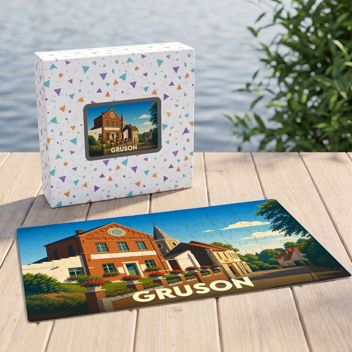 Puzzle souvenir de la ville de Gruson avec une illustration stylisée d'un bâtiment en briques rouges.