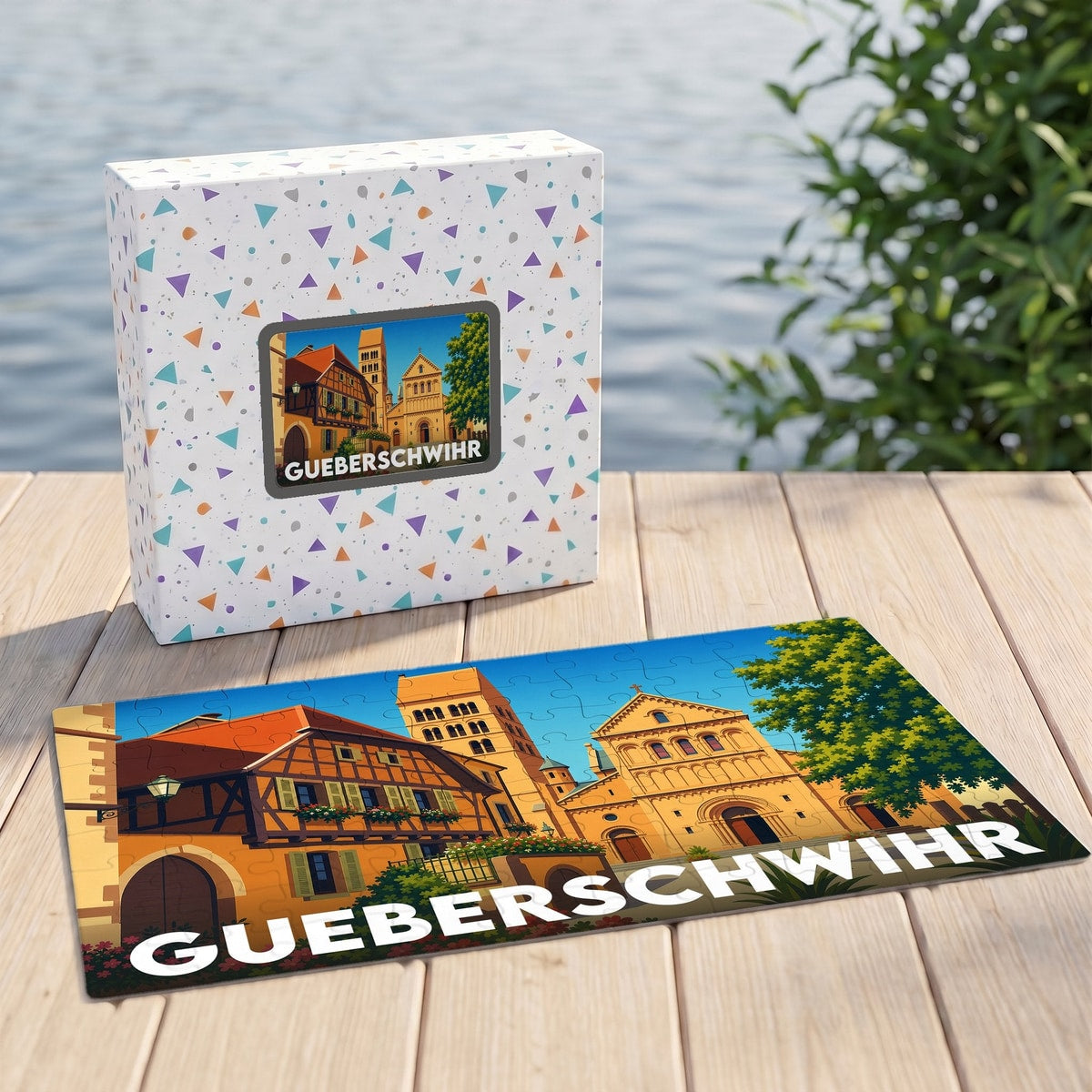 Puzzle souvenir de la ville de Gueberschwihr illustré par un paysage urbain alsacien stylisé.