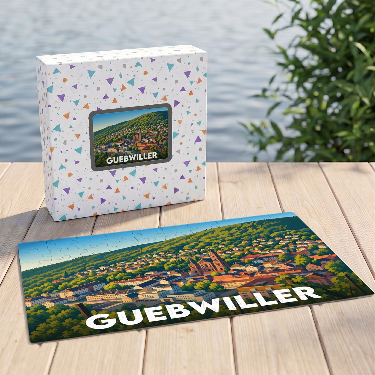 Puzzle souvenir de la ville de Guebwiller avec une illustration panoramique stylisée.