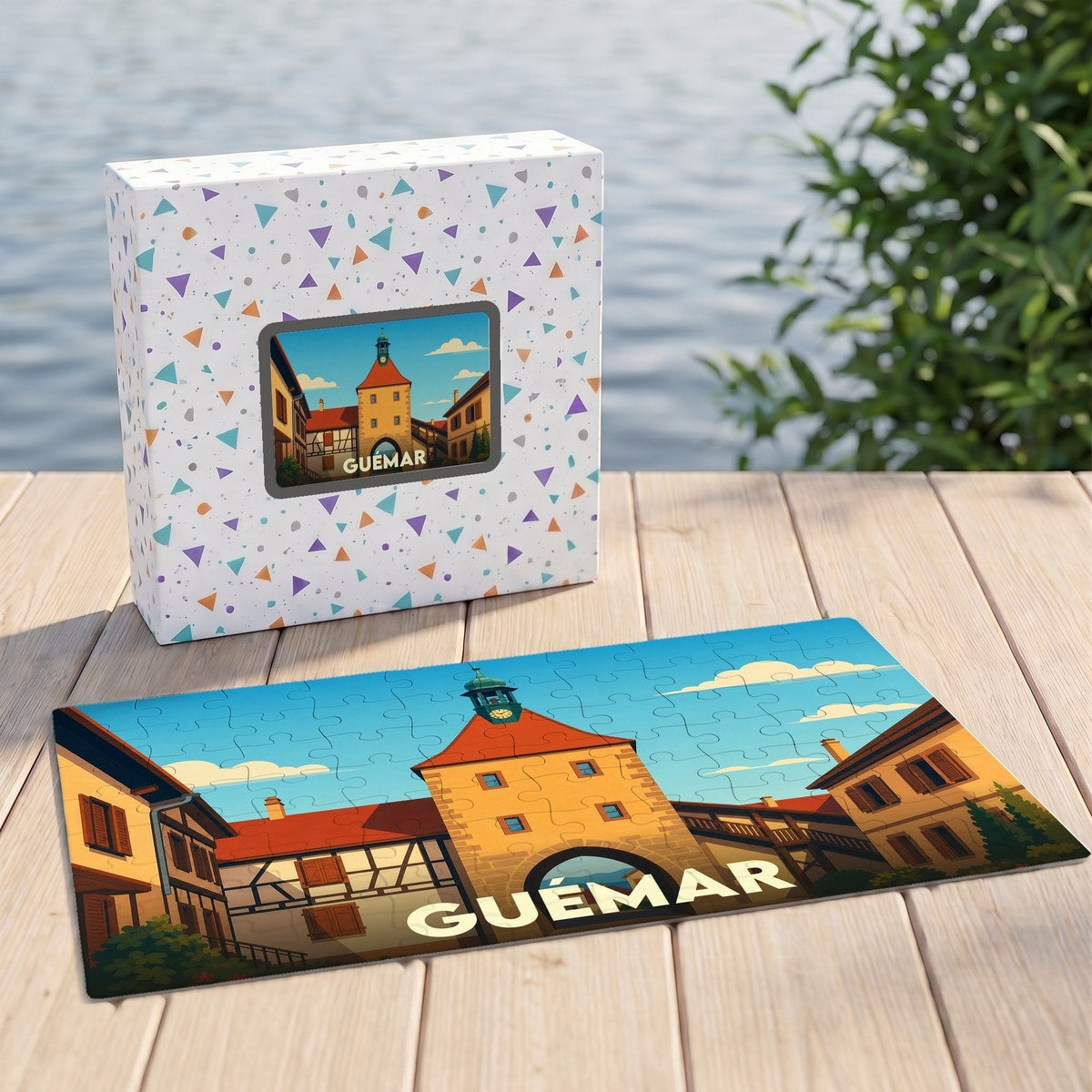 Puzzle souvenir de la ville de Guémar avec une illustration stylisée d'une porte fortifiée.