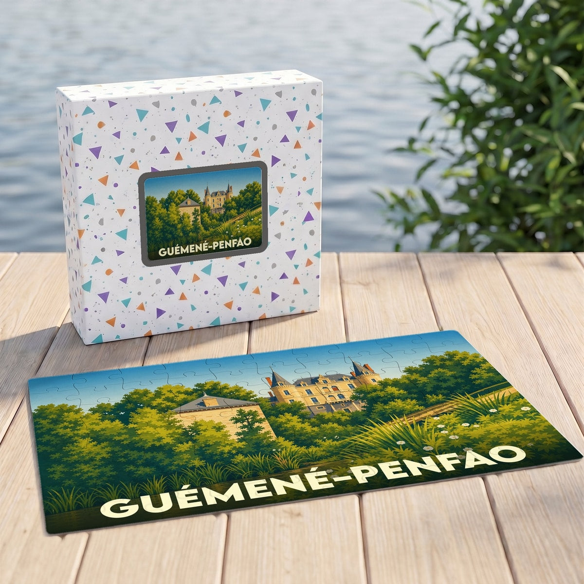 Puzzle souvenir de la ville de Guémené-Penfao avec une illustration stylisée de son patrimoine architectural et de sa nature.