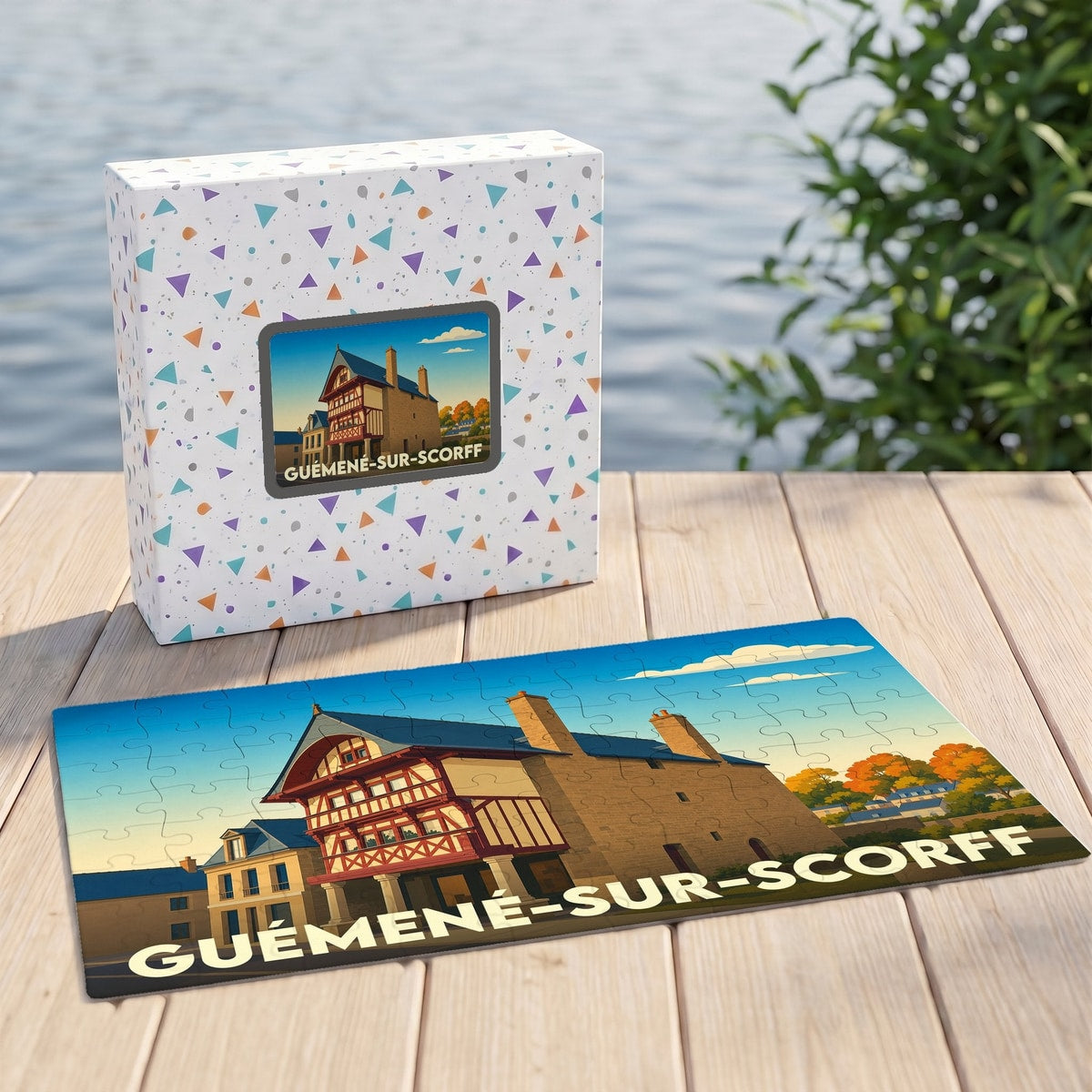 Puzzle souvenir de la ville de Guémené-sur-Scorff avec une illustration stylisée d'une maison à colombages.