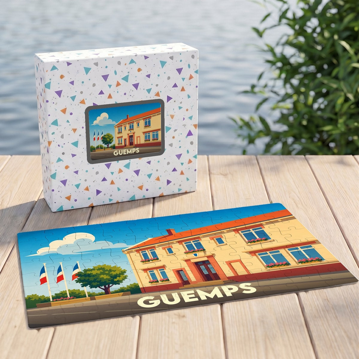 Puzzle souvenir de la ville de Guemps avec une illustration colorée de sa mairie.