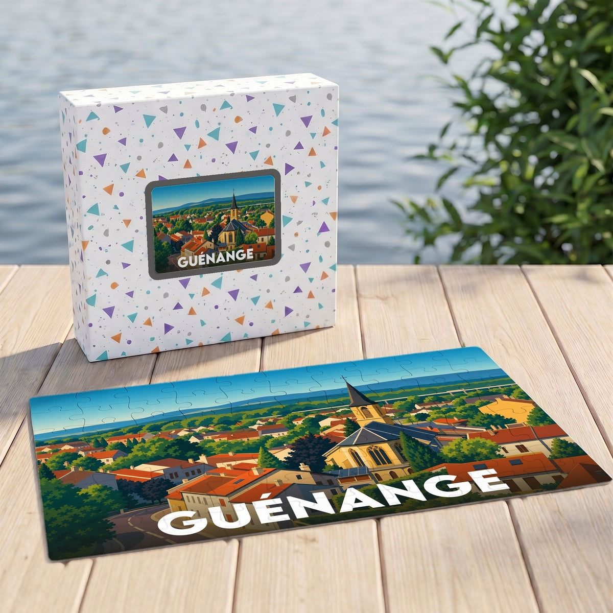 Puzzle souvenir de la ville de Guénange illustré par un paysage urbain stylisé.