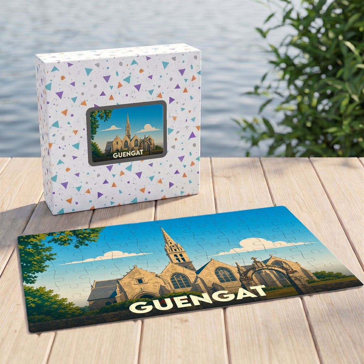 Puzzle souvenir de la ville de Guengat avec une illustration stylisée de son église.