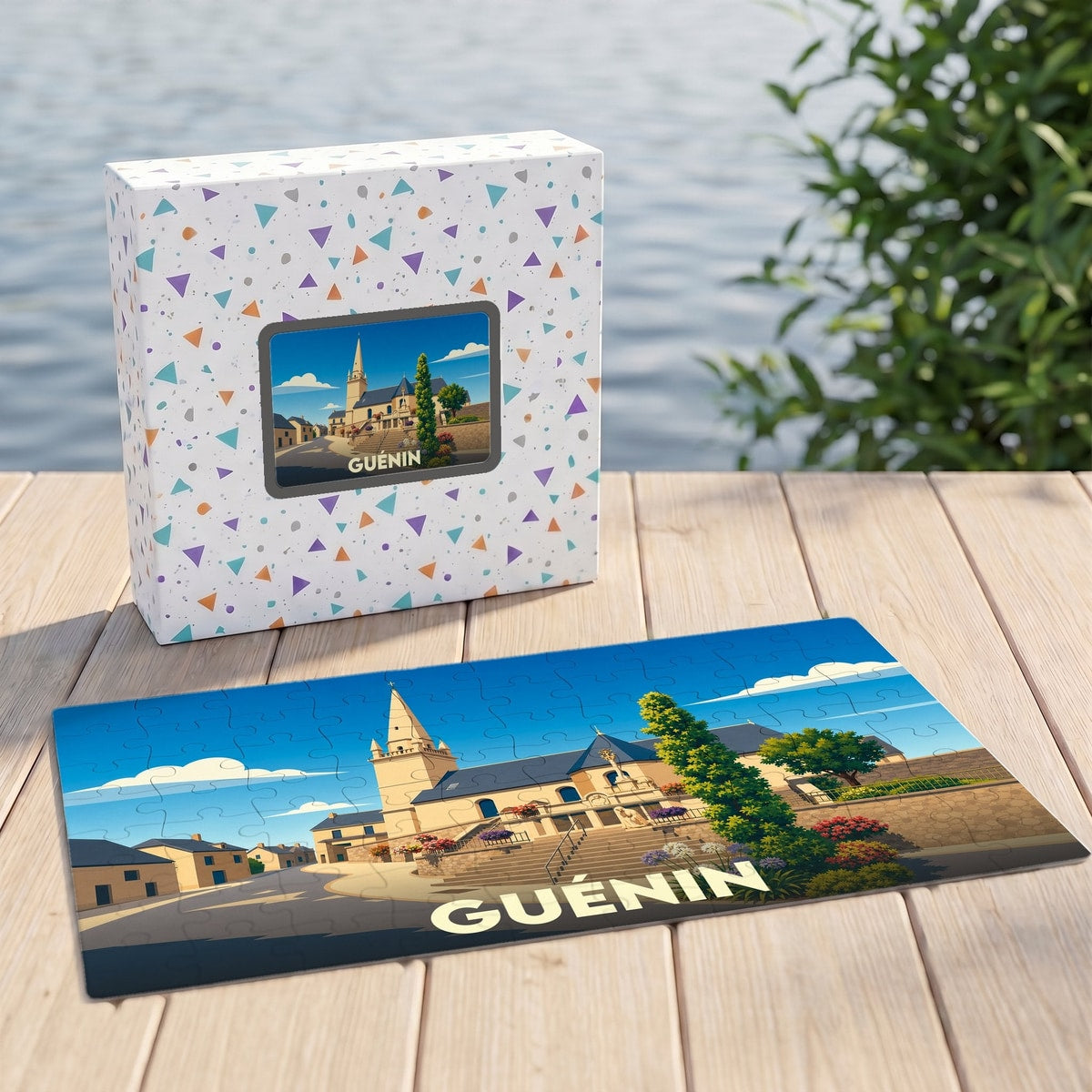 Puzzle souvenir de la ville de Guénin avec une illustration stylisée et colorée.