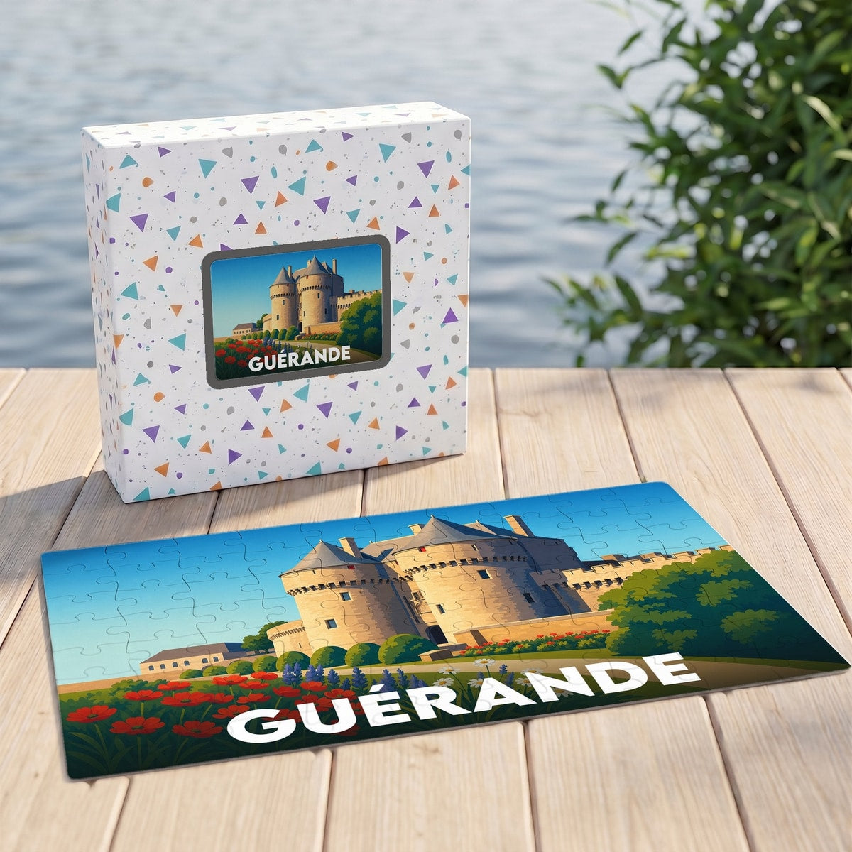Puzzle souvenir de la ville de Guérande avec une illustration stylisée des remparts.