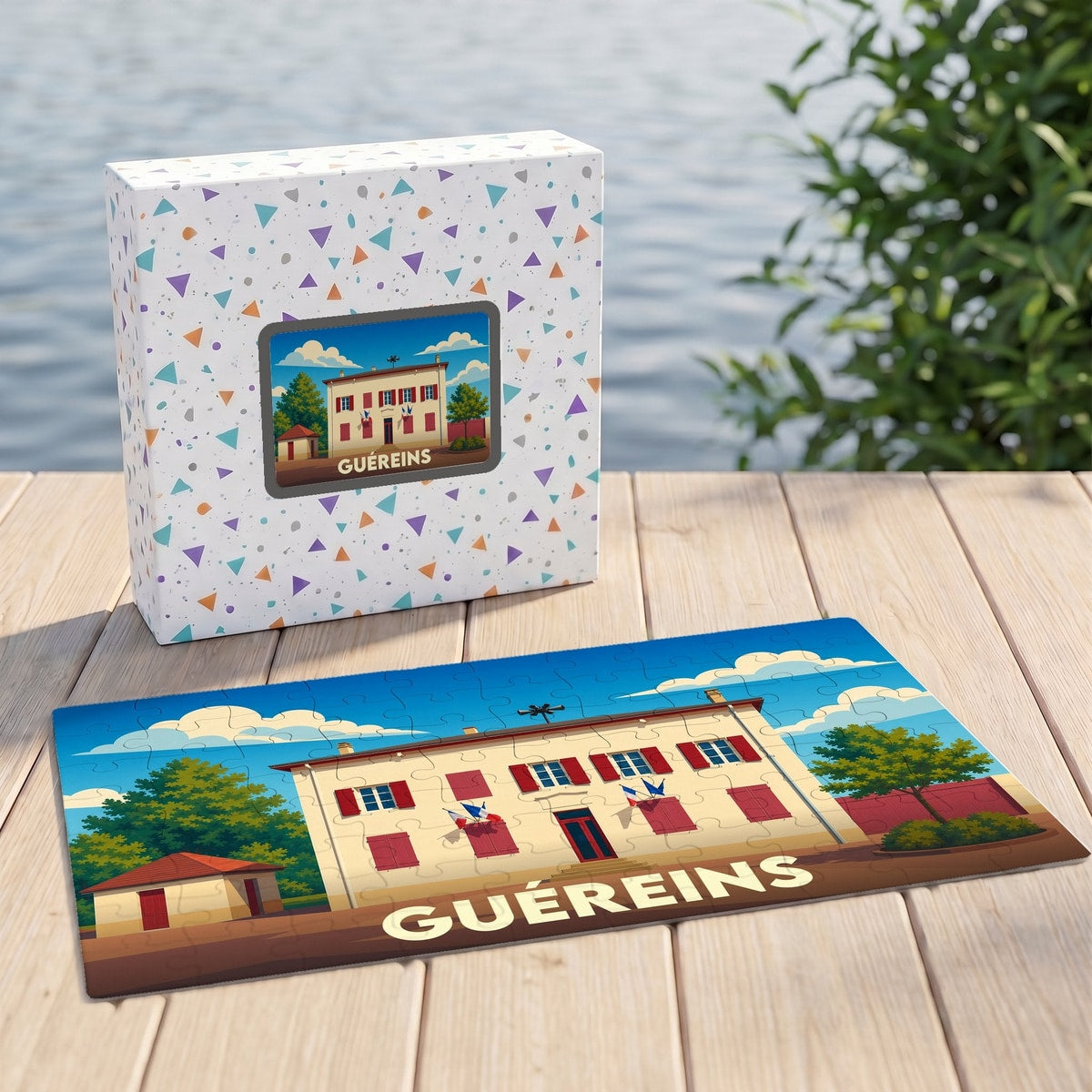 Puzzle souvenir de la ville de Guéreins avec une illustration stylisée de sa mairie.