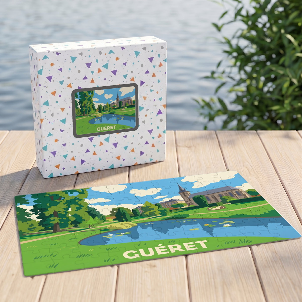 Puzzle souvenir de la ville de Guéret avec une illustration stylisée de son paysage urbain et de sa nature.
