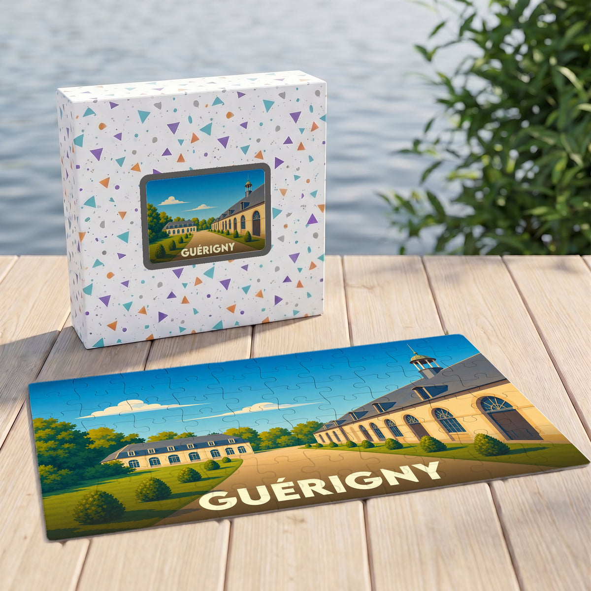 Puzzle souvenir de la ville de Guérigny avec une illustration stylisée.