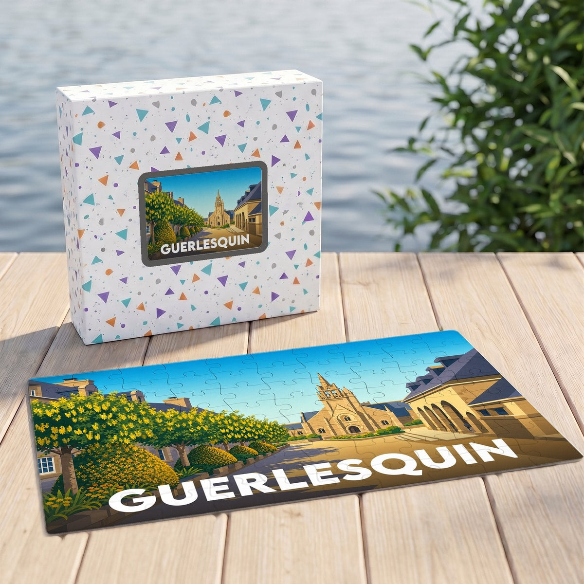 Puzzle souvenir de la ville de Guerlesquin avec une illustration stylisée et colorée.