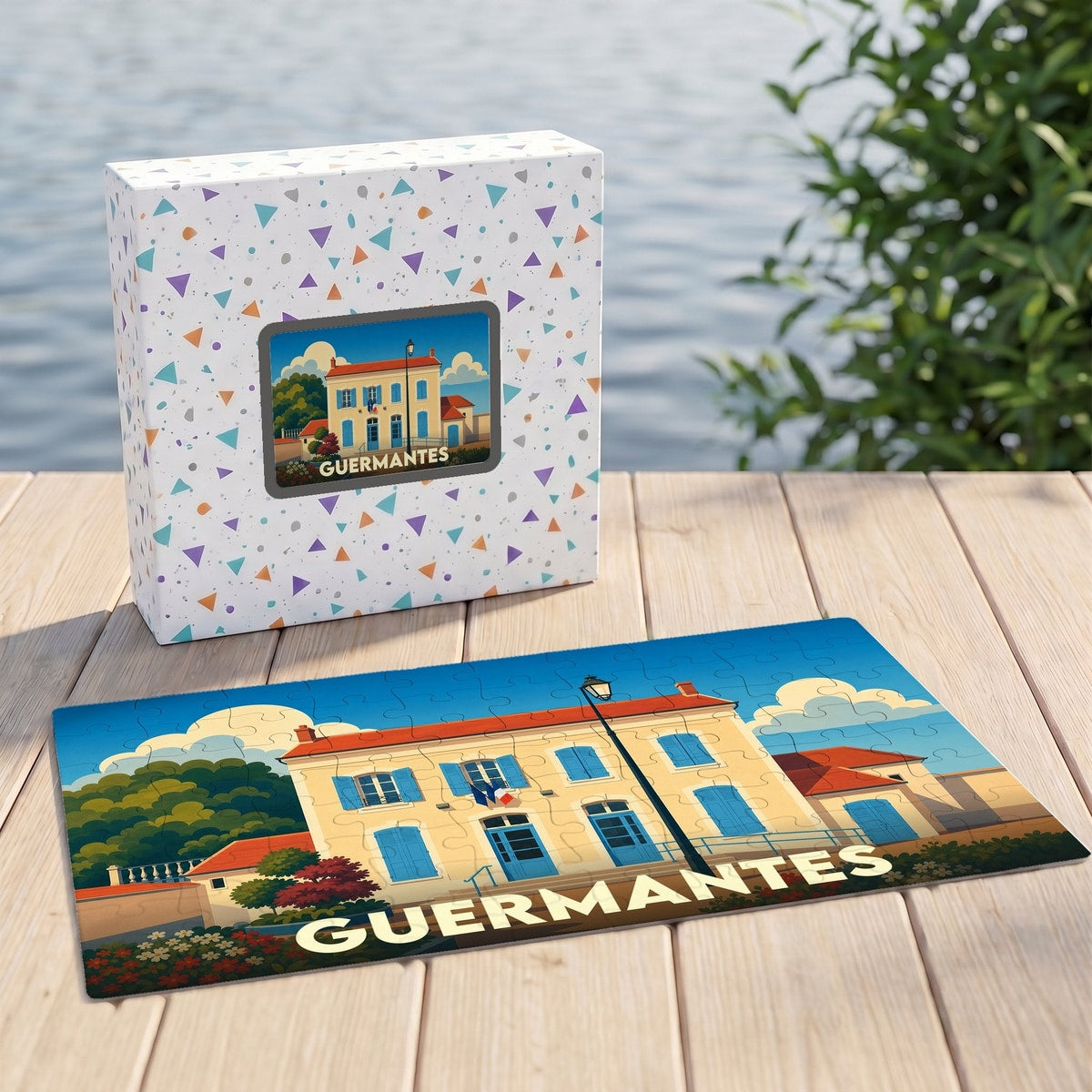 Puzzle souvenir de la ville de Guermantes avec une illustration stylisée d'un bâtiment typique.