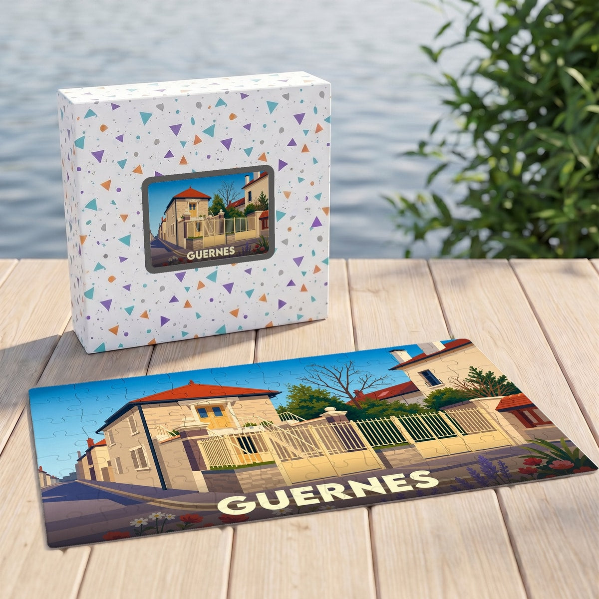Puzzle souvenir de la ville de Guernes avec une illustration stylisée d'une maison de village.