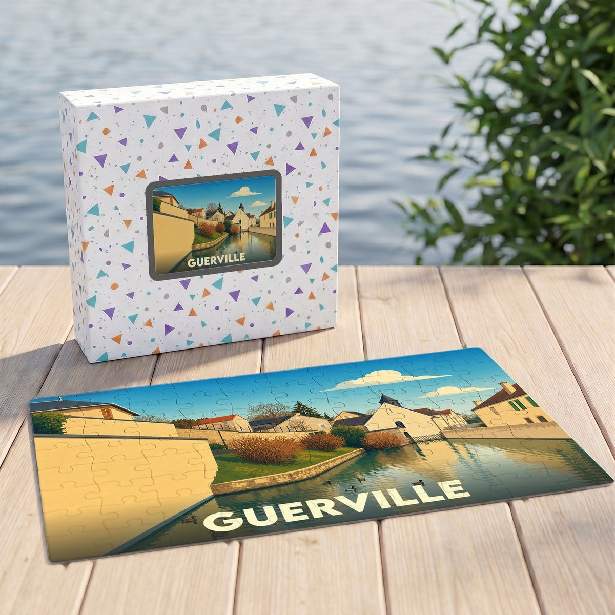 Puzzle souvenir de la ville de Guerville présentant une illustration stylisée des bords de l'eau.