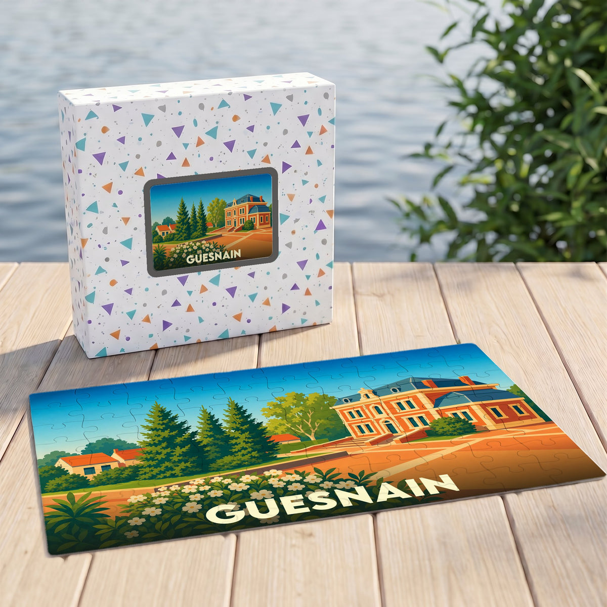Puzzle souvenir de la ville de Guesnain avec une illustration stylisée d'un manoir.