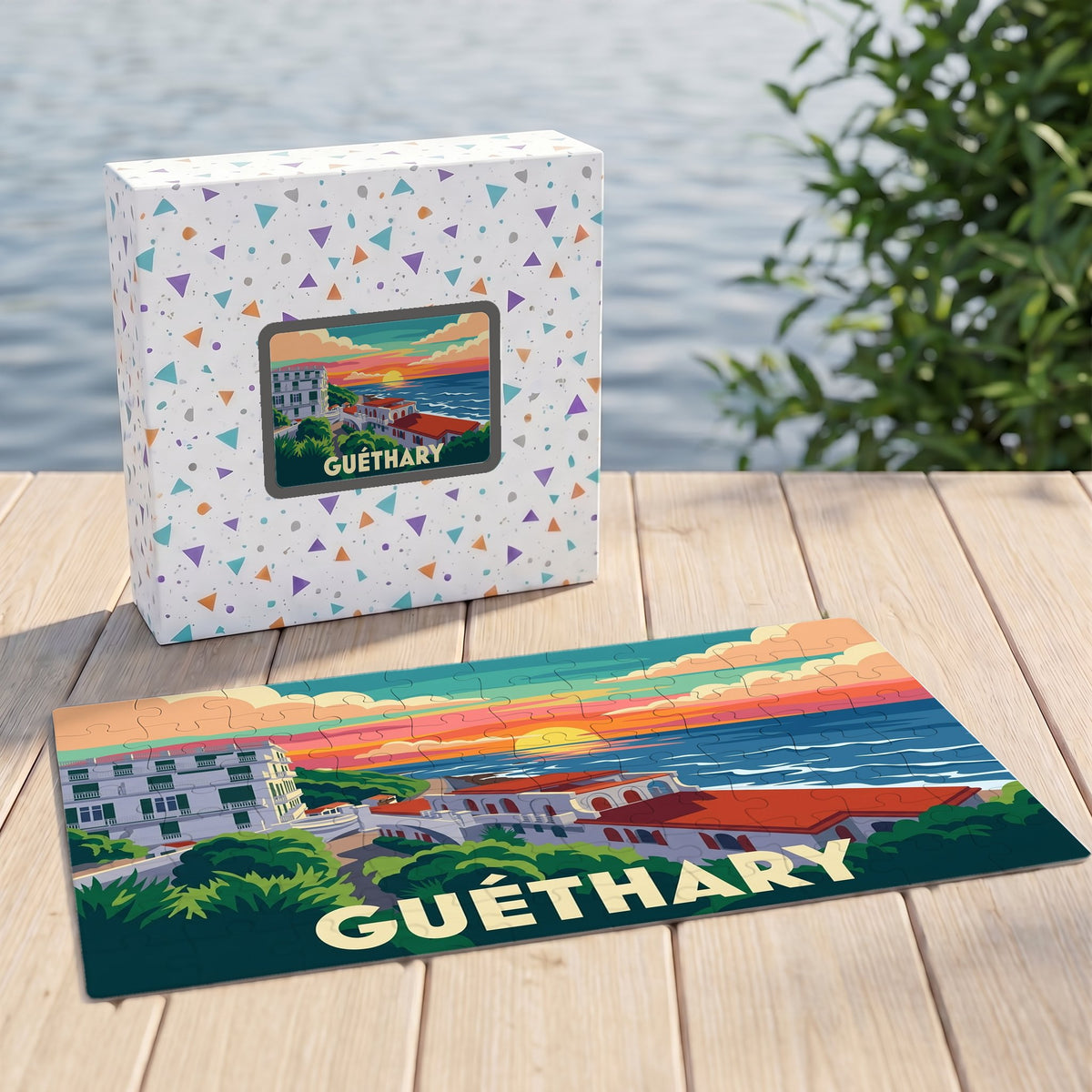 Puzzle souvenir de la ville de Guéthary avec une illustration colorée de son littoral au coucher du soleil.