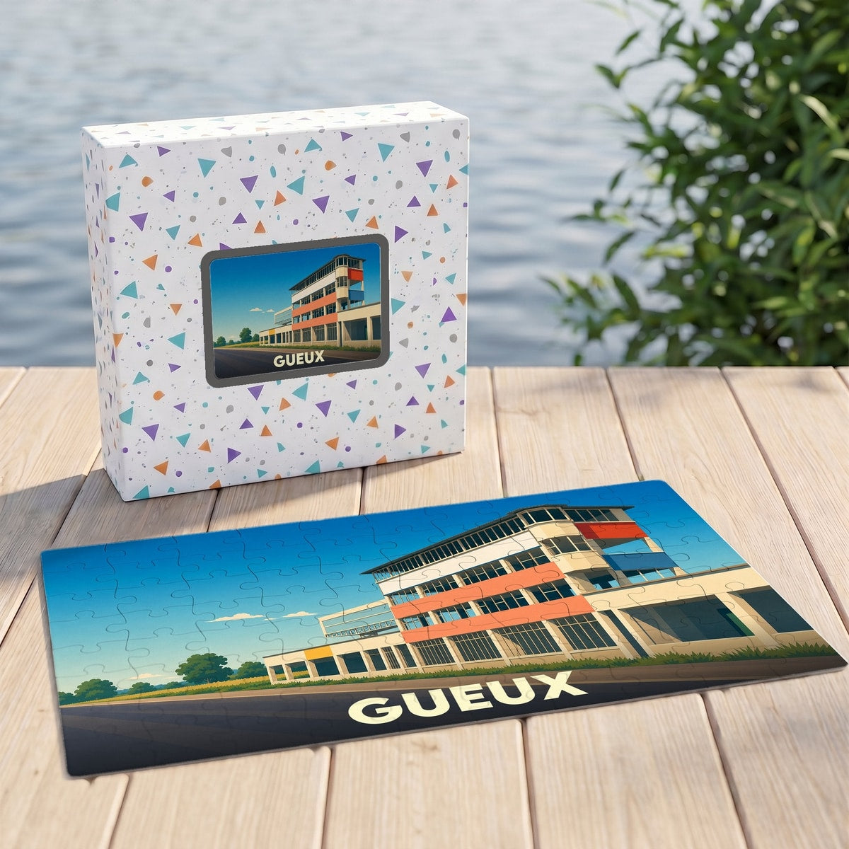 Puzzle souvenir de la ville de Gueux représentant une illustration stylisée de ses tribunes historiques.
