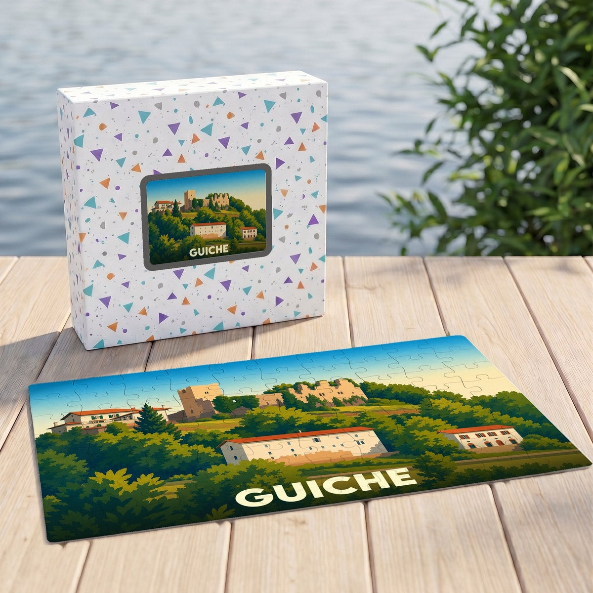Puzzle souvenir de la ville de Guiche présentant une illustration stylisée de son château et de ses paysages.
