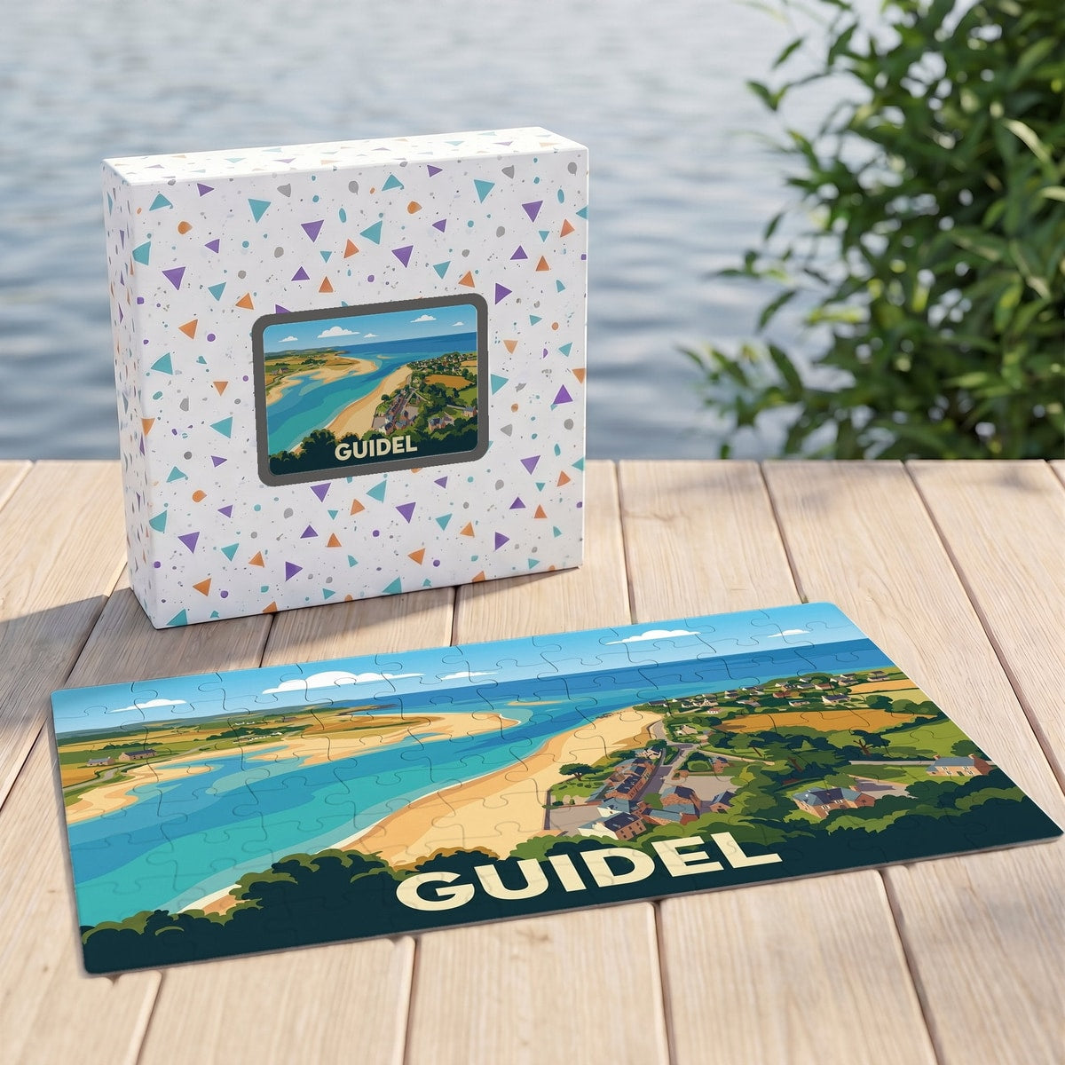 Puzzle souvenir de la ville de Guidel avec une illustration stylisée de son littoral.