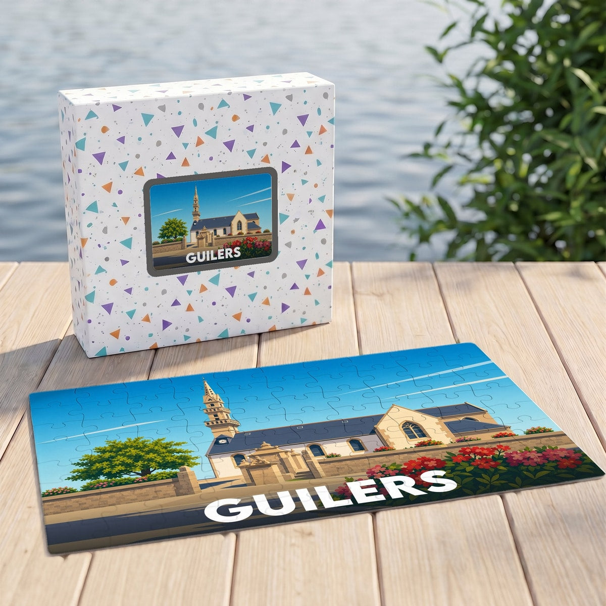 Puzzle souvenir de la ville de Guilers avec une illustration stylisée de son église.