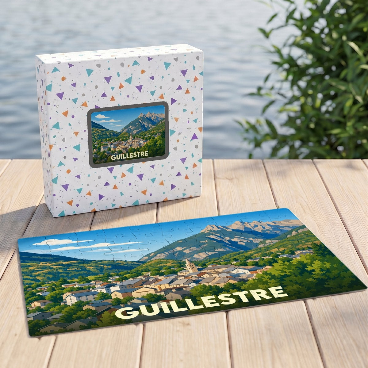 Puzzle souvenir de la ville de Guillestre représentant un paysage de montagne illustré.
