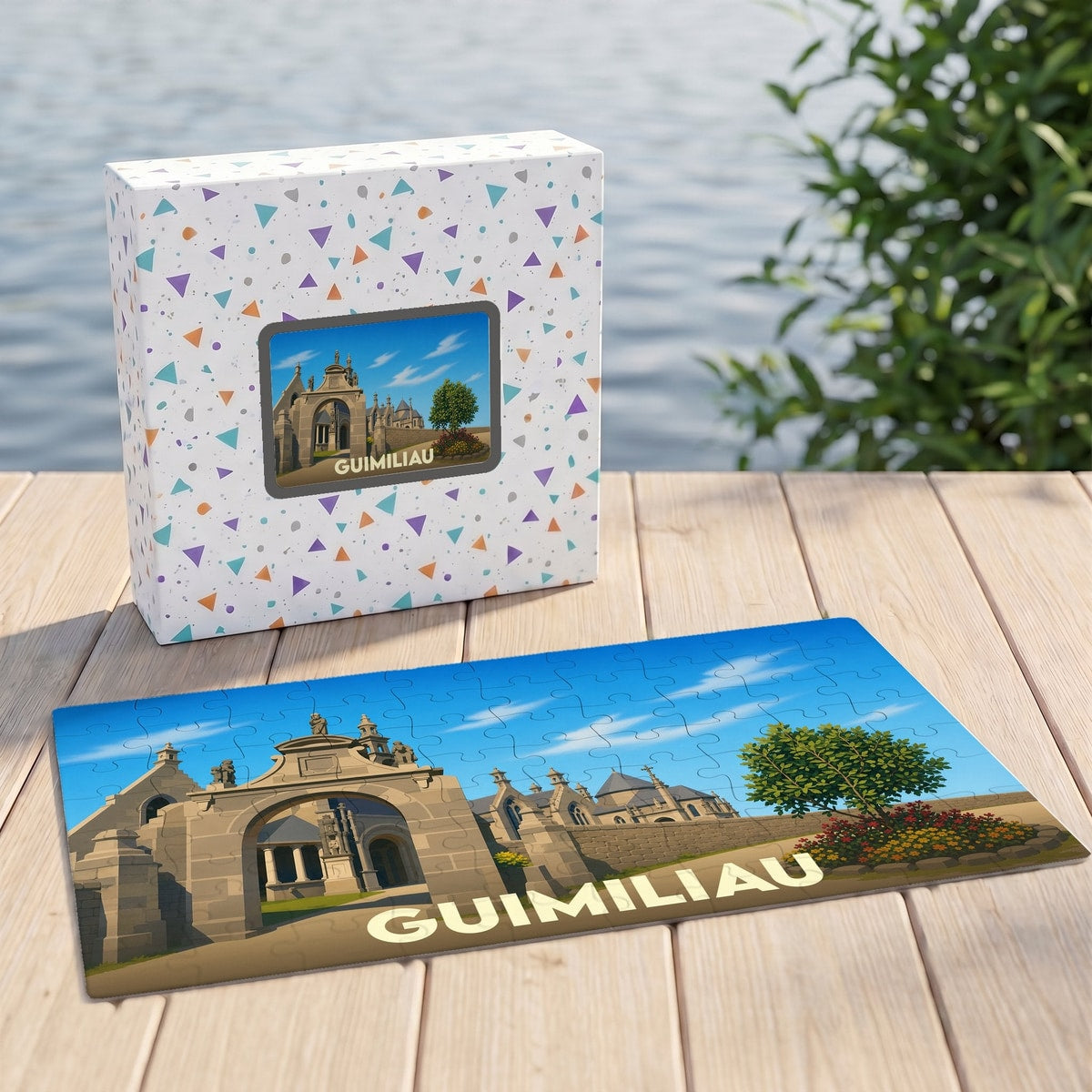 Puzzle souvenir de la ville de Guimiliau avec une illustration stylisée de son enclos paroissial.