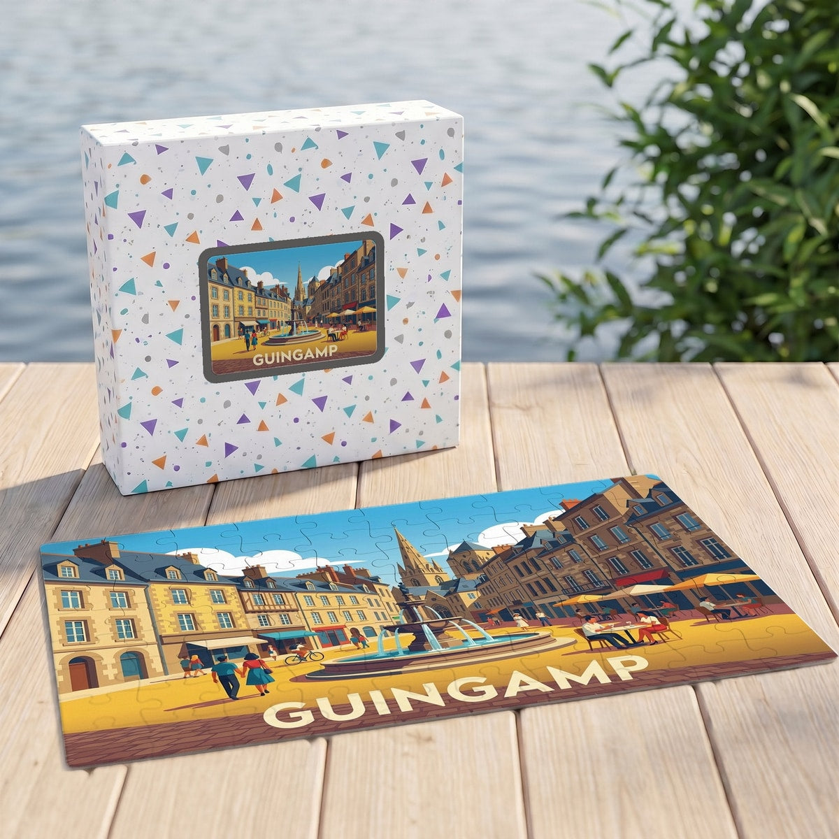 Puzzle souvenir de la ville de Guingamp illustrant sa place centrale avec une police de caractères stylisée.