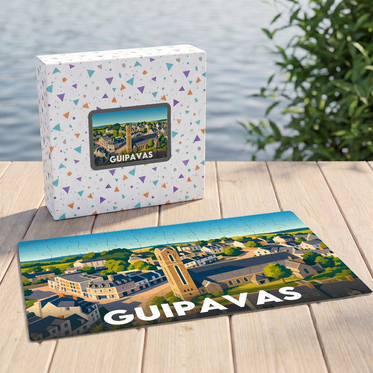 Puzzle souvenir de la ville de Guipavas avec une illustration stylisée et colorée.