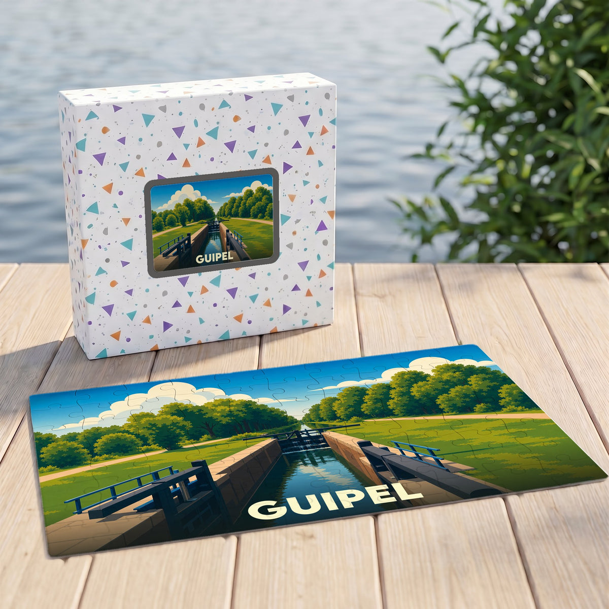 Puzzle souvenir de la ville de Guipel avec une illustration stylisée d'un canal et ses écluses.