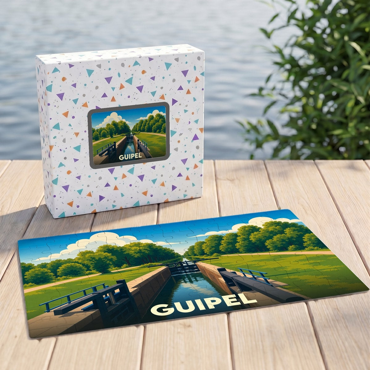 Puzzle souvenir de la ville de Guipel avec une illustration stylisée d'un canal et ses écluses.