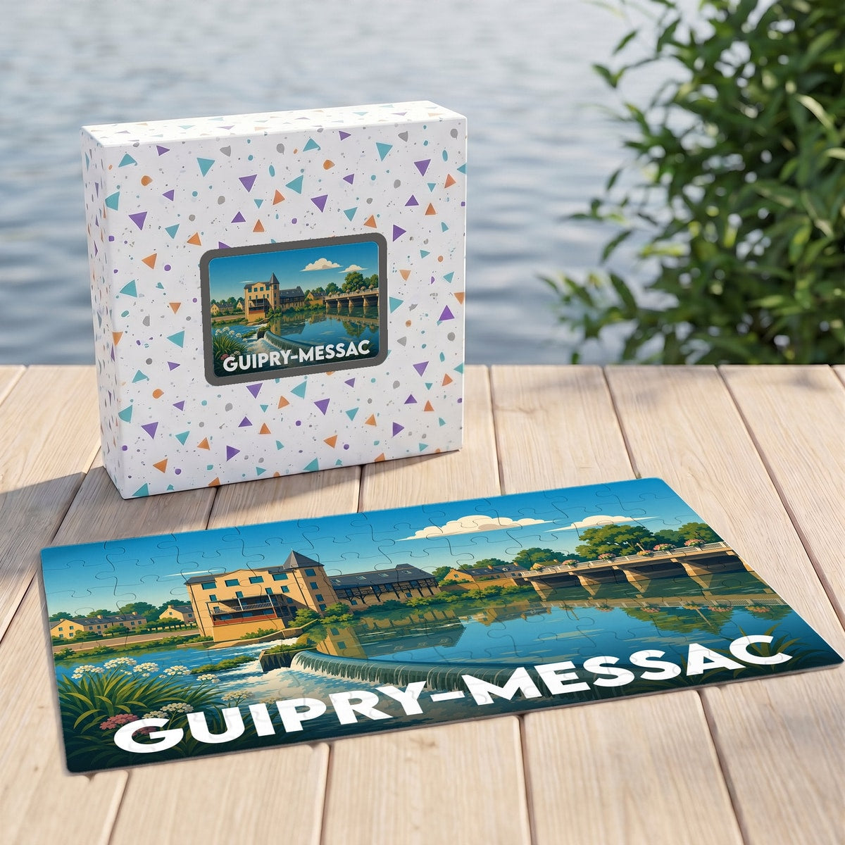 Puzzle souvenir de la ville de Guipry-Messac avec une illustration stylisée des bords de la Vilaine.