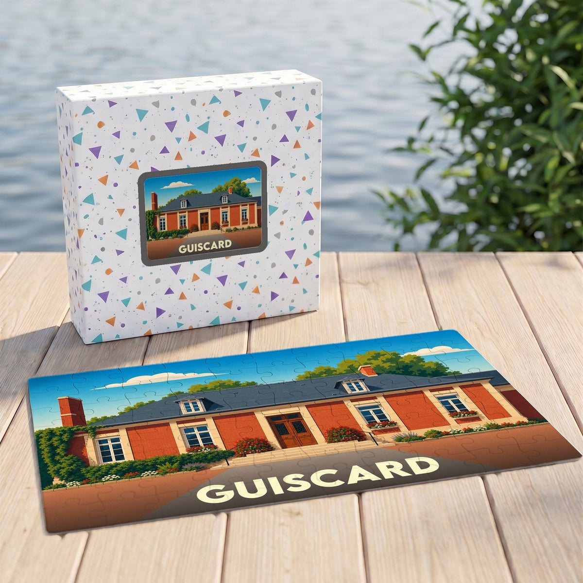 Puzzle souvenir de la ville de Guiscard illustré d'une maison bourgeoise en briques rouges.