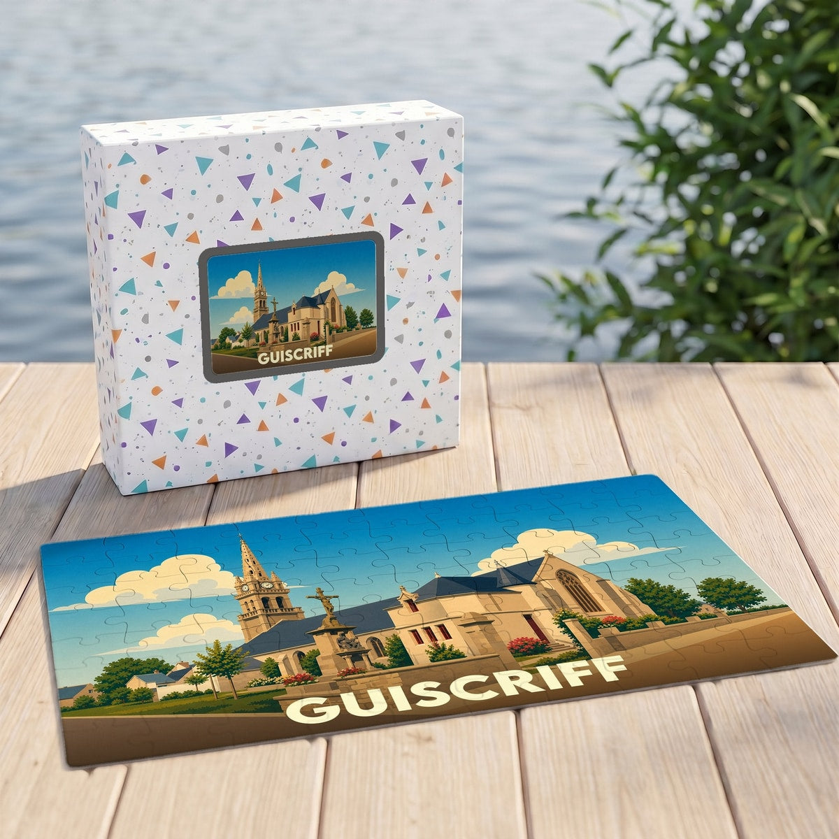 Puzzle souvenir de la ville de Guiscriff illustrant son église dans un style graphique épuré.