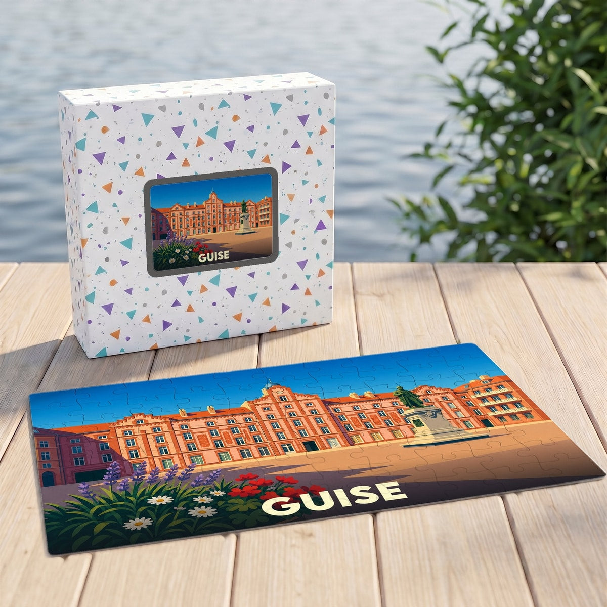 Puzzle souvenir de la ville de Guise avec une illustration stylisée du Familistère et de sa place.
