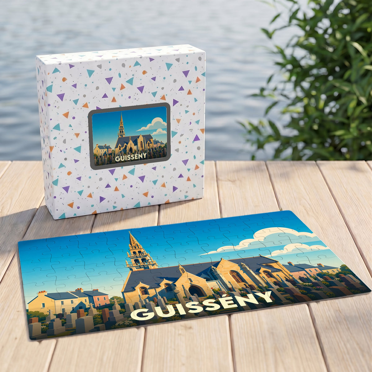 Puzzle souvenir de la ville de Guissény représentant son église et son cimetière avec une illustration stylisée.