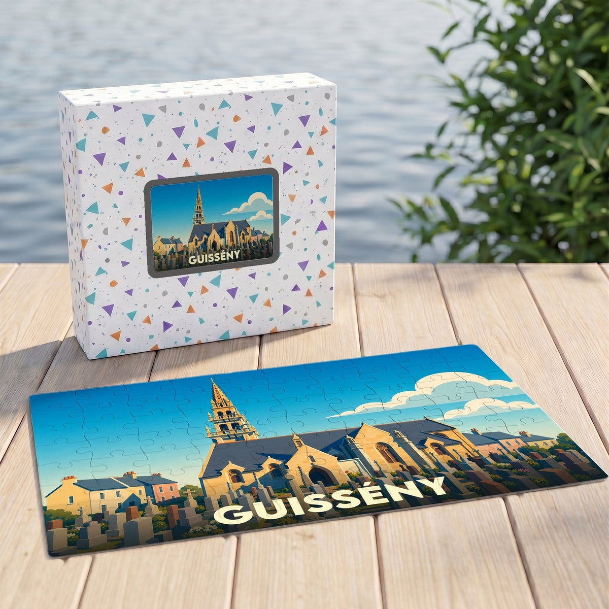Puzzle souvenir de la ville de Guissény représentant son église et son cimetière avec une illustration stylisée.