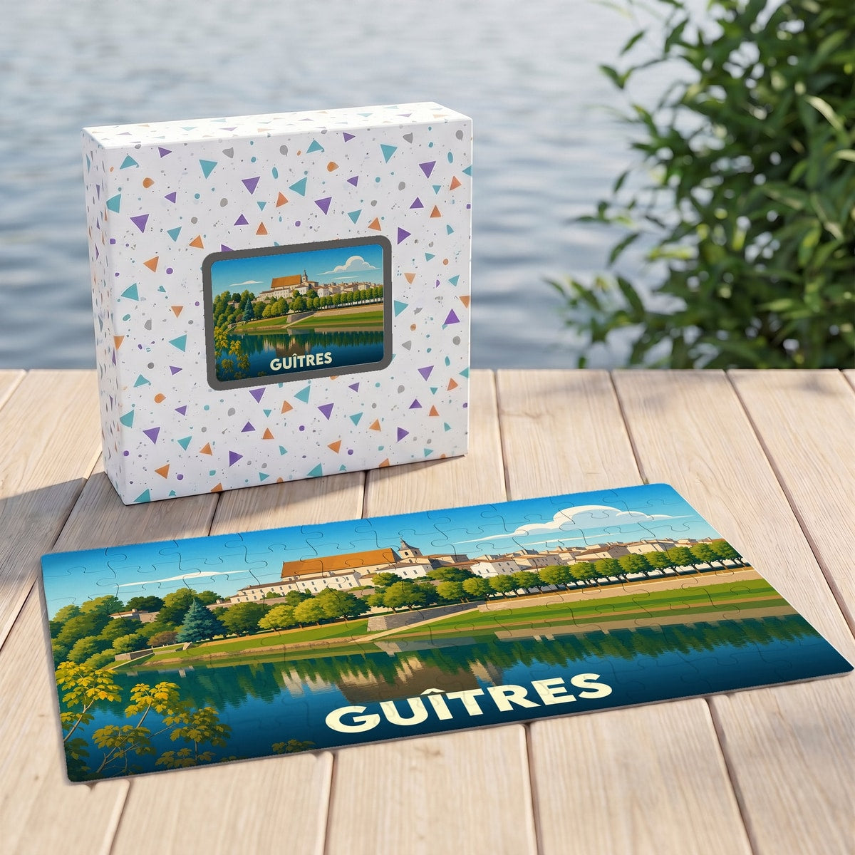 Puzzle souvenir de la ville de Guîtres avec une illustration stylisée et colorée.