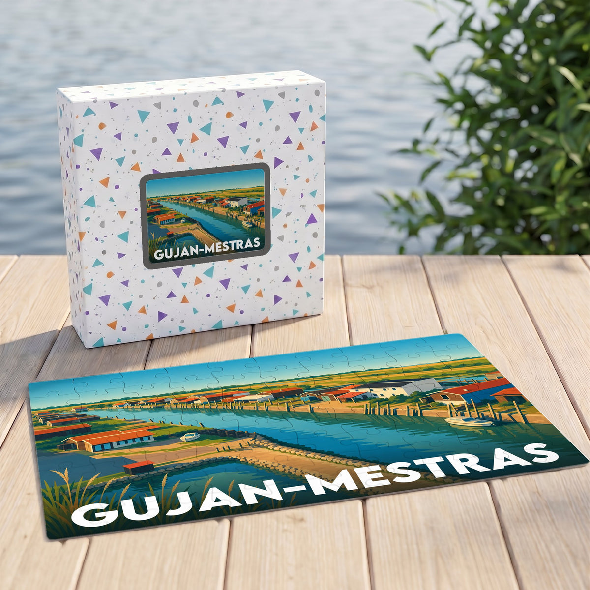 Puzzle souvenir de la ville de Gujan-Mestras avec une illustration colorée de son port ostréicole.