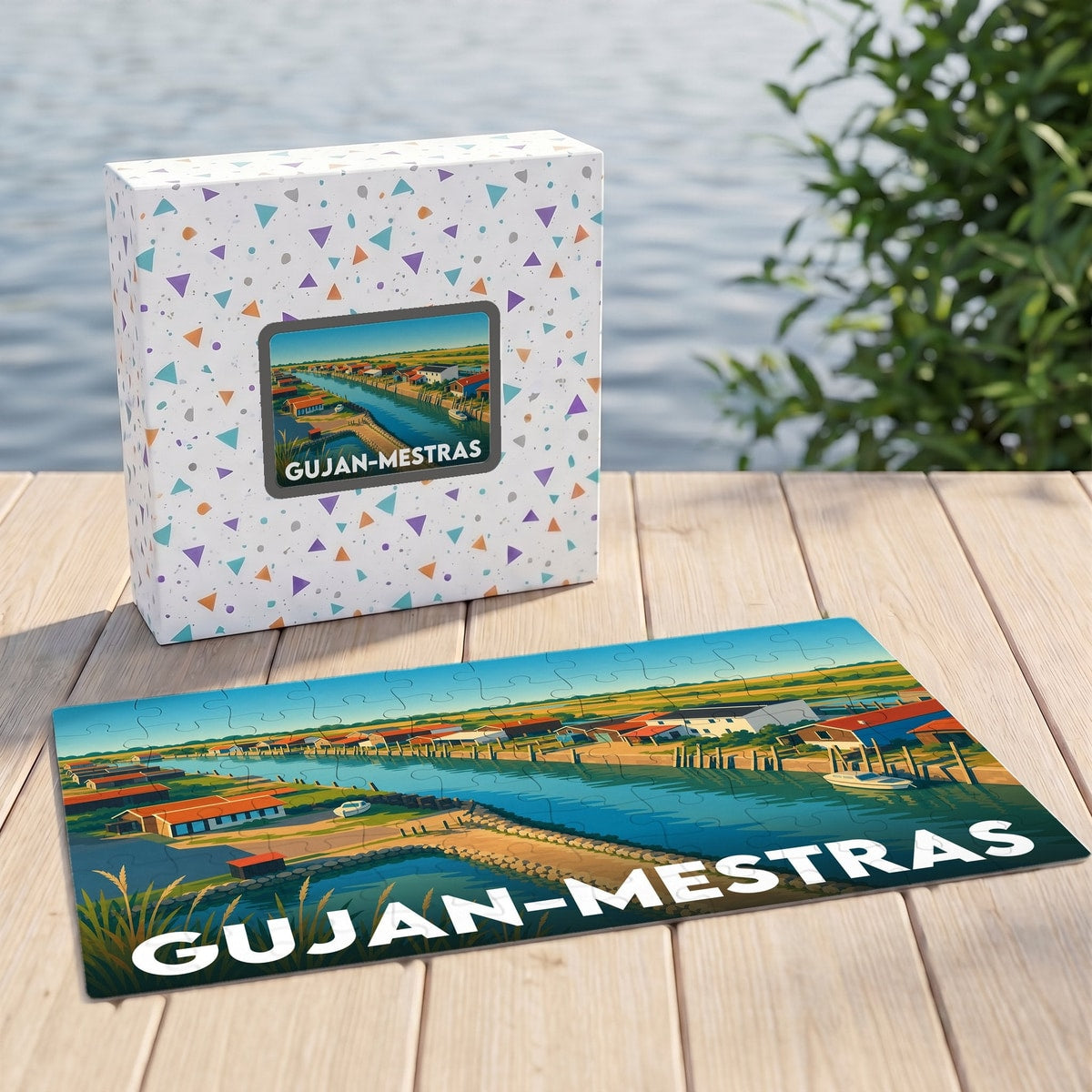 Puzzle souvenir de la ville de Gujan-Mestras avec une illustration colorée de son port ostréicole.
