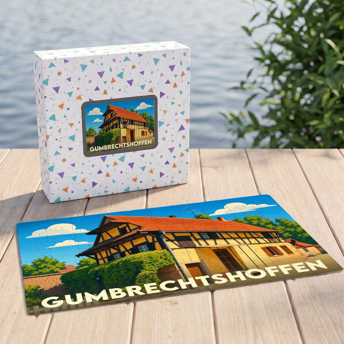 Puzzle souvenir de la ville de Gumbrechtshoffen avec une illustration stylisée d'une maison à colombages.