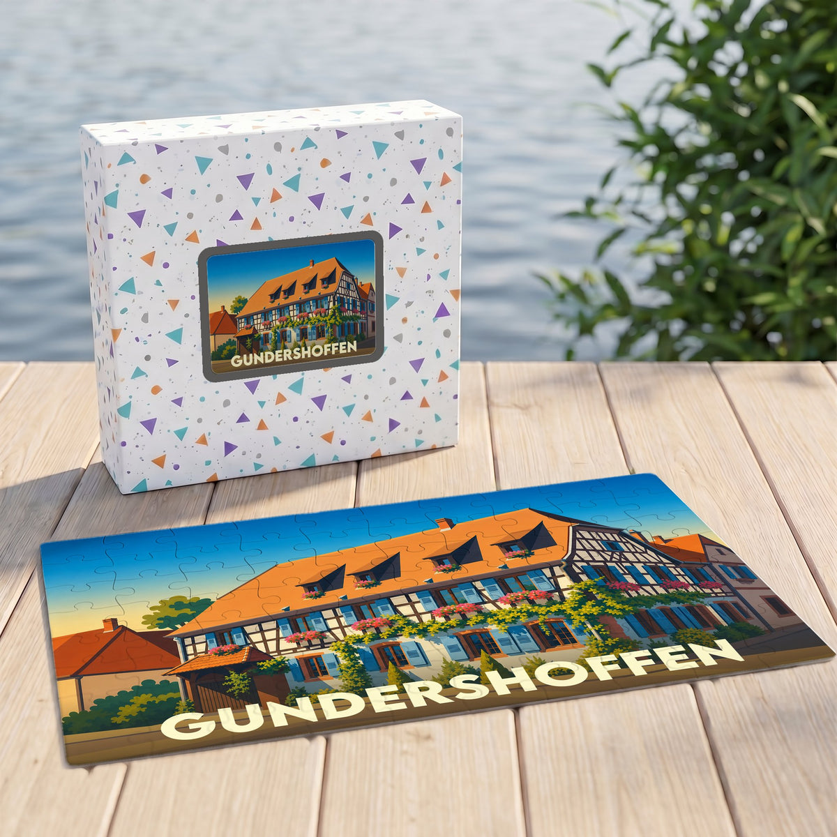 Puzzle souvenir de la ville de Gundershoffen avec une illustration stylisée d'une maison à colombages.