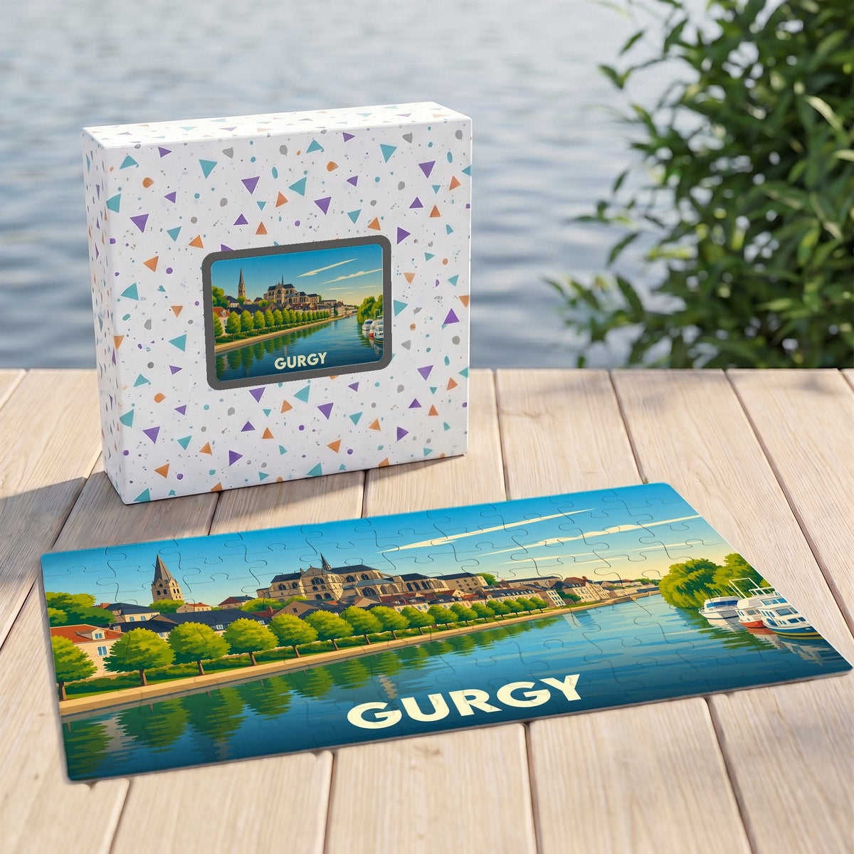 Puzzle souvenir de la ville de Gurgy avec une illustration stylisée d'un paysage fluvial.
