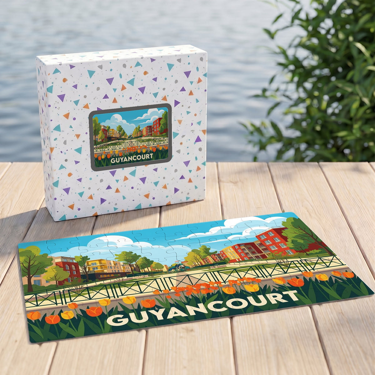Puzzle souvenir de la ville de Guyancourt avec une illustration colorée et stylisée d'un paysage urbain fleuri.