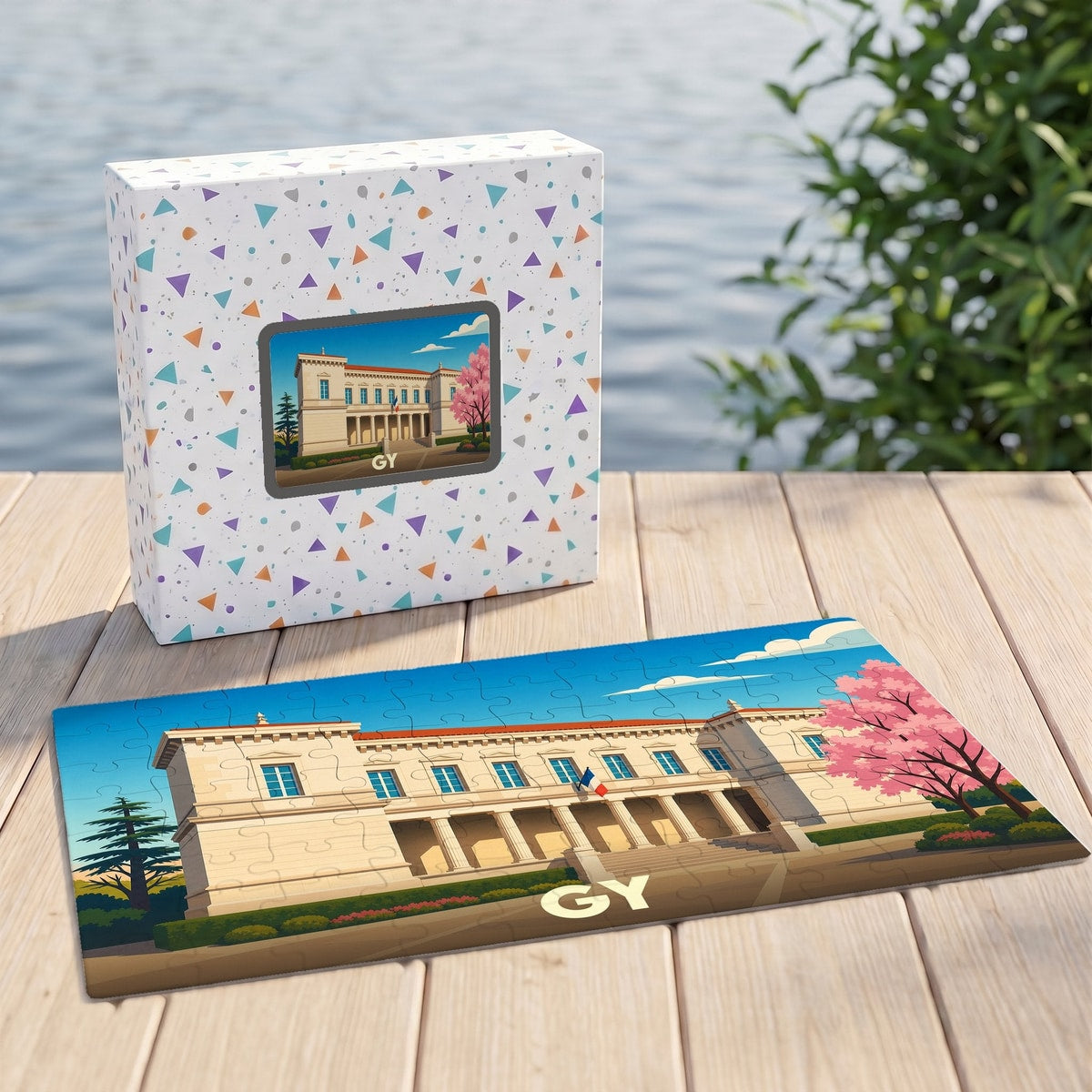 Puzzle souvenir de la ville de Gy illustrant sa mairie avec un style graphique épuré.