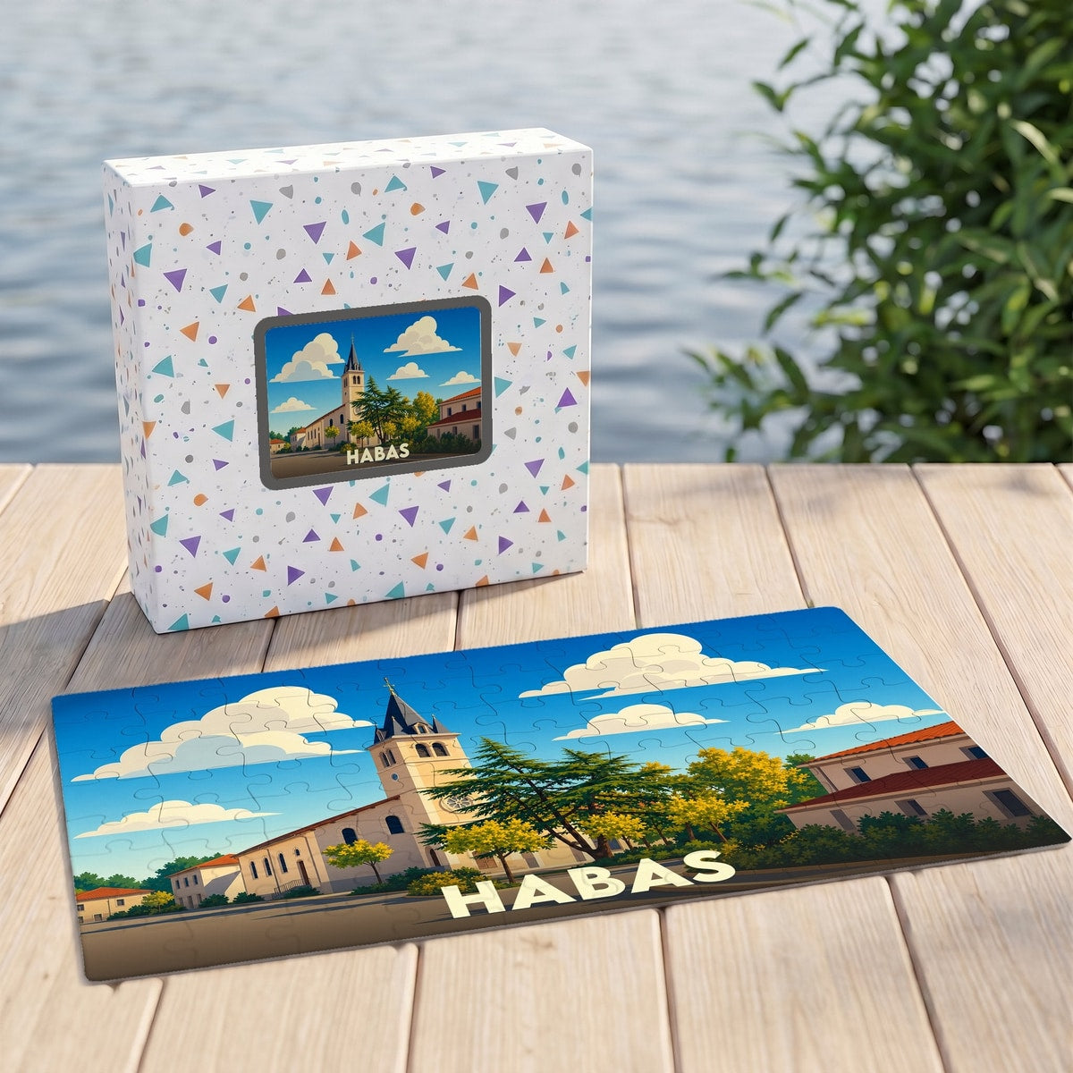 Puzzle souvenir de la ville de Habas avec une illustration stylisée d'une église sous un ciel bleu.
