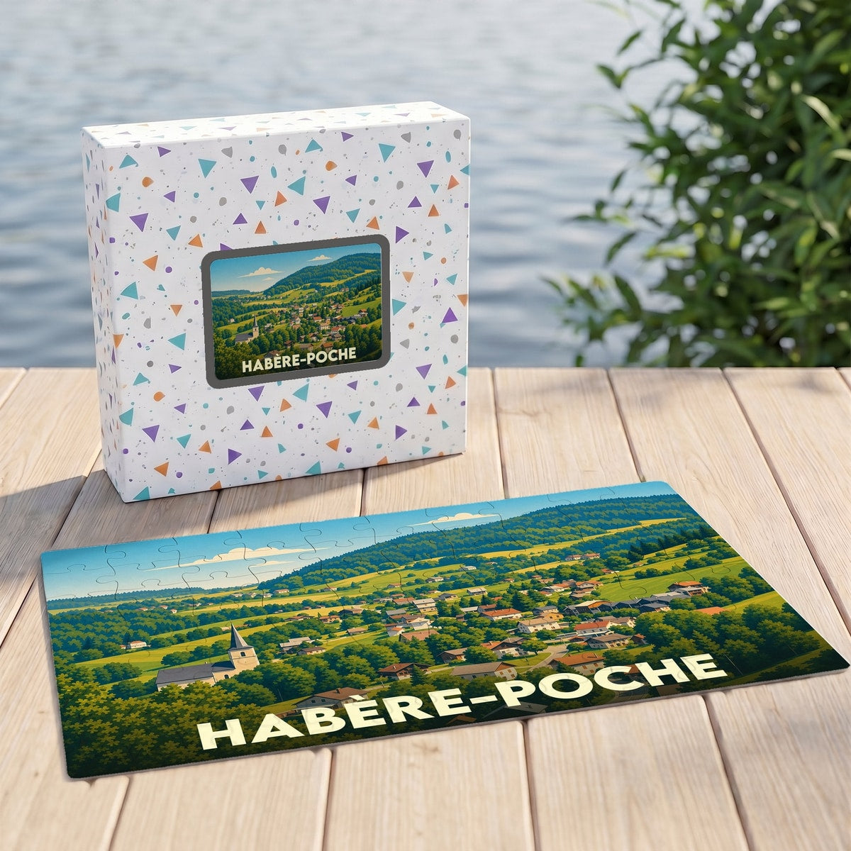 Puzzle souvenir de la ville de Habère-Poche avec une illustration paysagère stylisée.