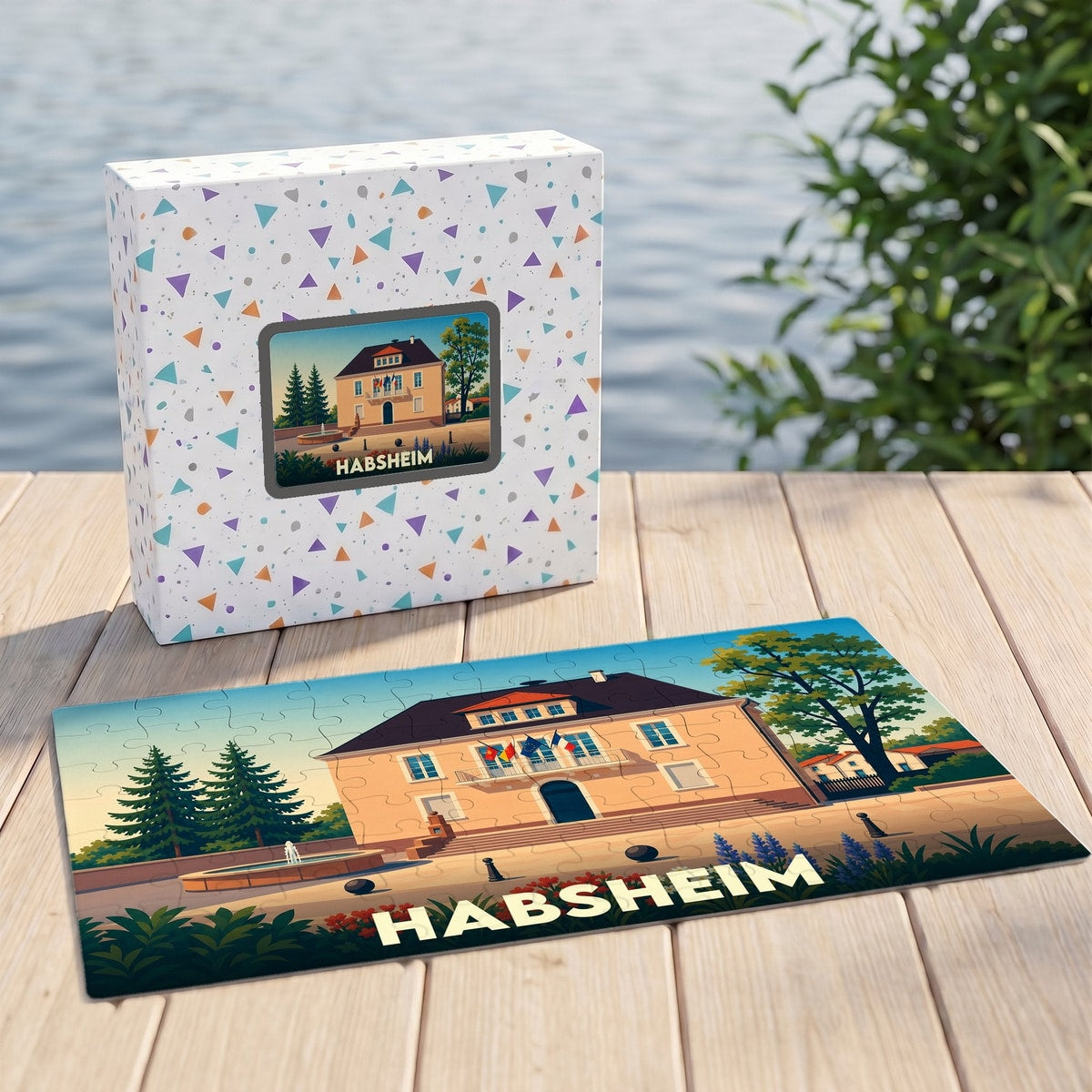 Puzzle souvenir de la ville de Habsheim avec une illustration stylisée de sa mairie.